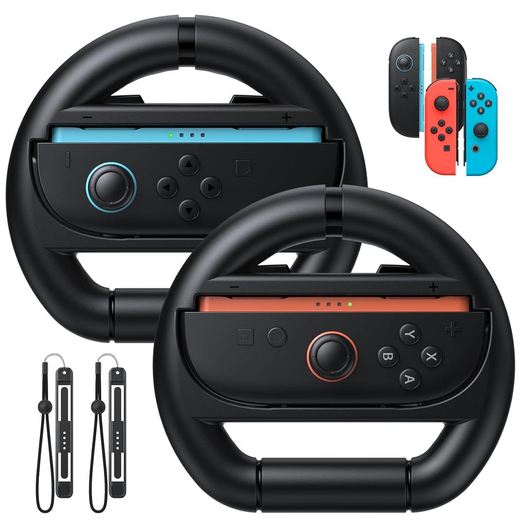 FASTSNAIL [Switch 1/2 Compatible] Steering Wheels for Nintendo Switch2 & Switch1/OLED for Joy-Con2, Racing Wheels for Mario Kart World/8 Deluxe Gaming, Universal Joycon Wheels 2 Pack (Black,Black)