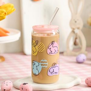 Easter Bunny Glass Cup with Lid and Straw, 16 oz Iced Coffee Glass Tumbler, Cute Bunny Cup for Cold Drinks, Easter Basket Stuffers, Easter Gifts for Women Girls Teens