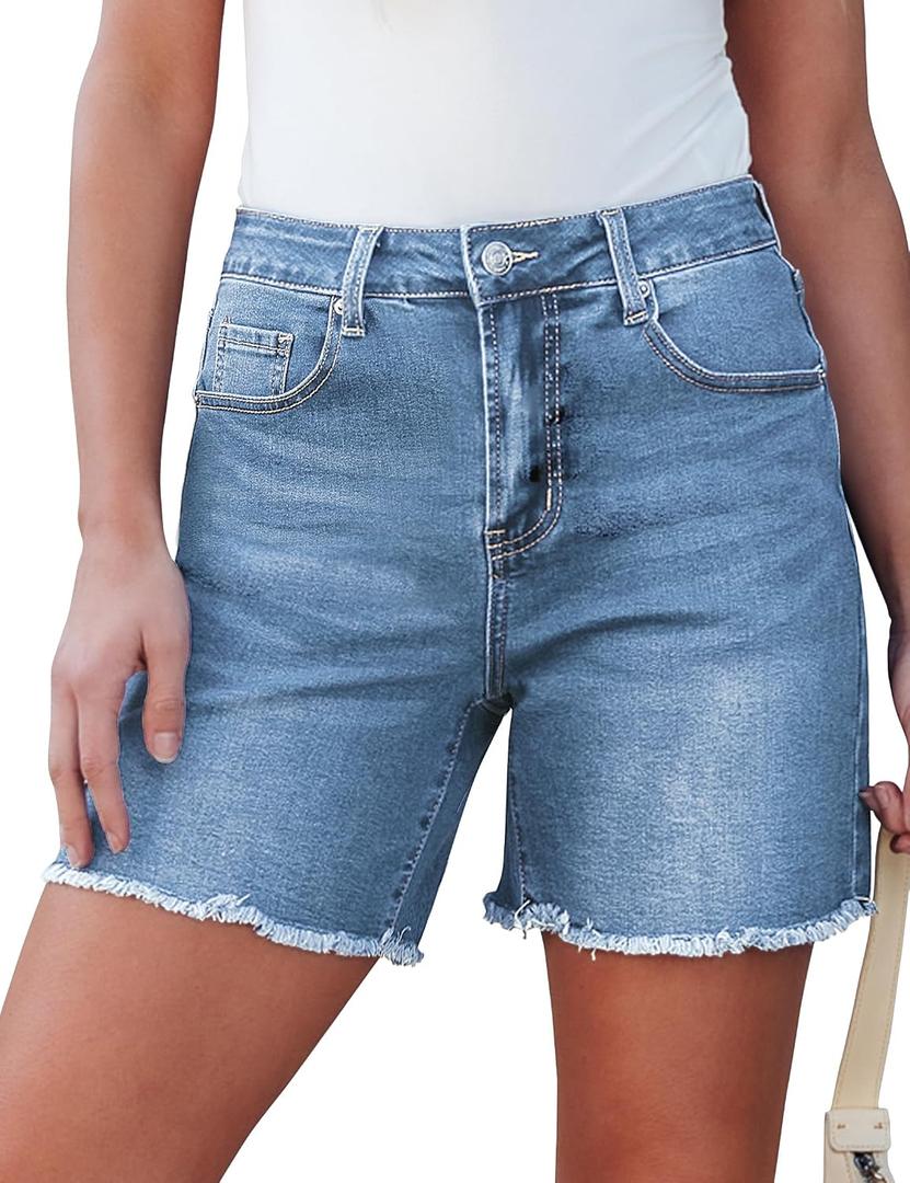 luvamia FleXclusive Jean Shorts for Women Trendy High Waisted Stretchy Denim Summer Casual Raw Hem Mom Long Cutoff Jorts High Waist Shorts Lakeside Blue Size Small Fits US 4-6