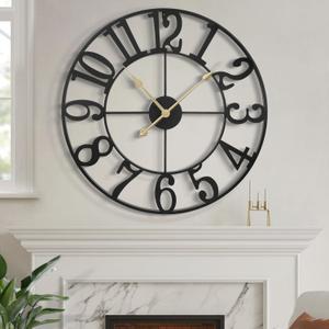 LEIKE Large Wall Clock, 24" Silent Non-Ticking, Battery Operated, Oversized, Decorative Retro Black Metal Clock for Living Room,Farmhouse, Dinner Room,Indoor, Outdoor Decor(60cm, Black Arabic Number)