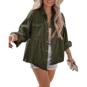 Tutorutor Womens Corduroy Shirts Casual Long Sleeve Button Down Blouses Tunic Babydoll Dress Loose Pocket Jacket Shackets (Medium, Green)