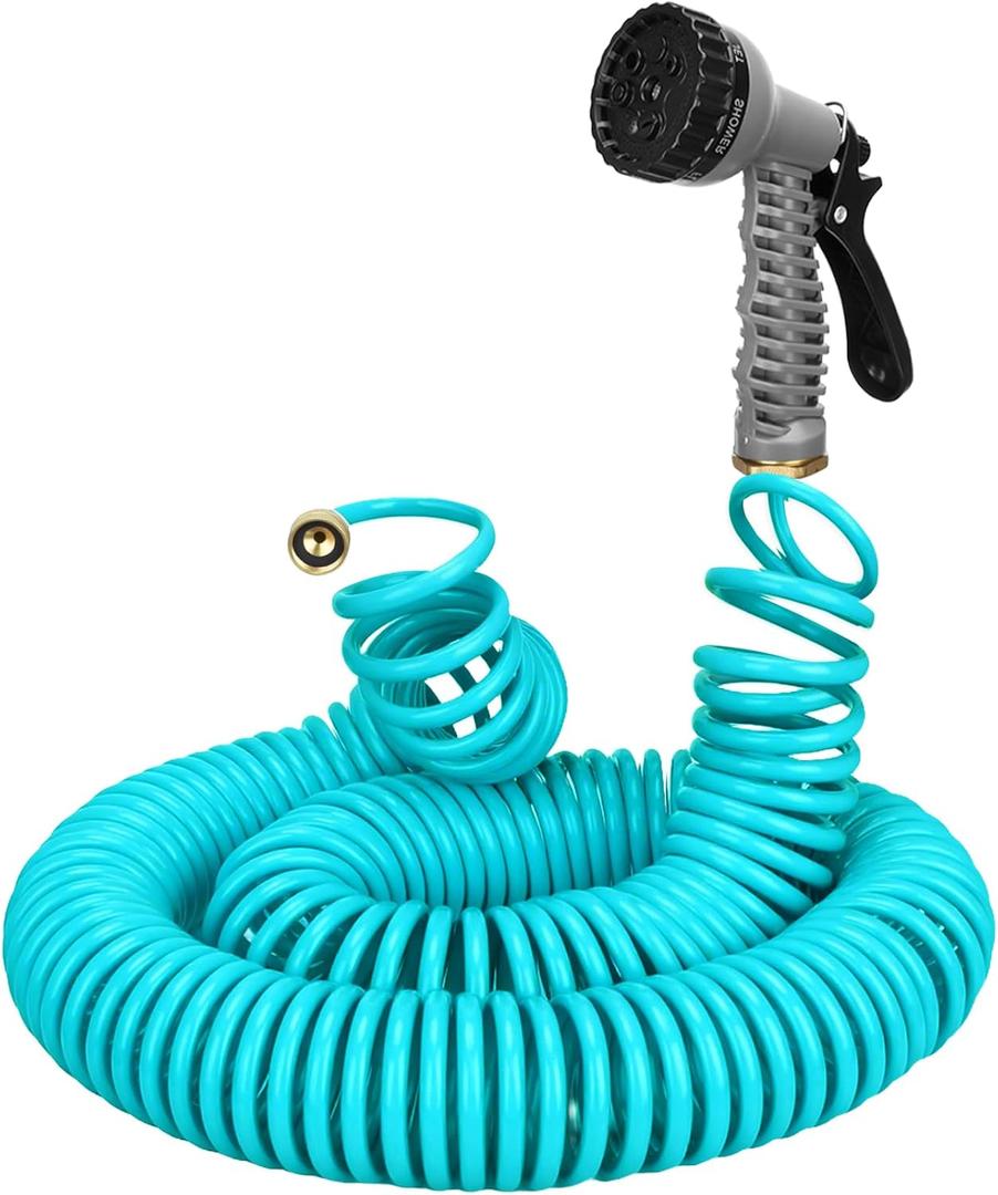 50 FT 3/8" Lightweight Coiled Garden Hose EVA Flexible with 7 Function Nozzles and Brass Connectors for Garden Watering Plants Greenhouses Patios, Lake Blue