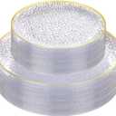 Hioasis 60pcs Clear Plastic Plates - Gold Rimmed Disposable, Hammered, Heavy-duty Dinnerware Set Suitable for 30 Guests, 10.25" Dinner & 7.5" Dessert Plates for Party & Wedding