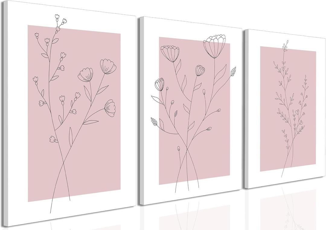 WARTHZ Pink Flower Wall Art Light Pink and White Botanical Line Pictures Wall Decor Painting Set of 3 Floral Plant Poster Canvas Print for Girl Bedroom Living Room Framed 16x24 inch