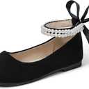 Hehainom Toddler Girls Dress Shoes Flower Girl Little Kids Mary Jane Ballet Flats Pearls Bow Wedding Party Communion Shoes (Blacksuede)