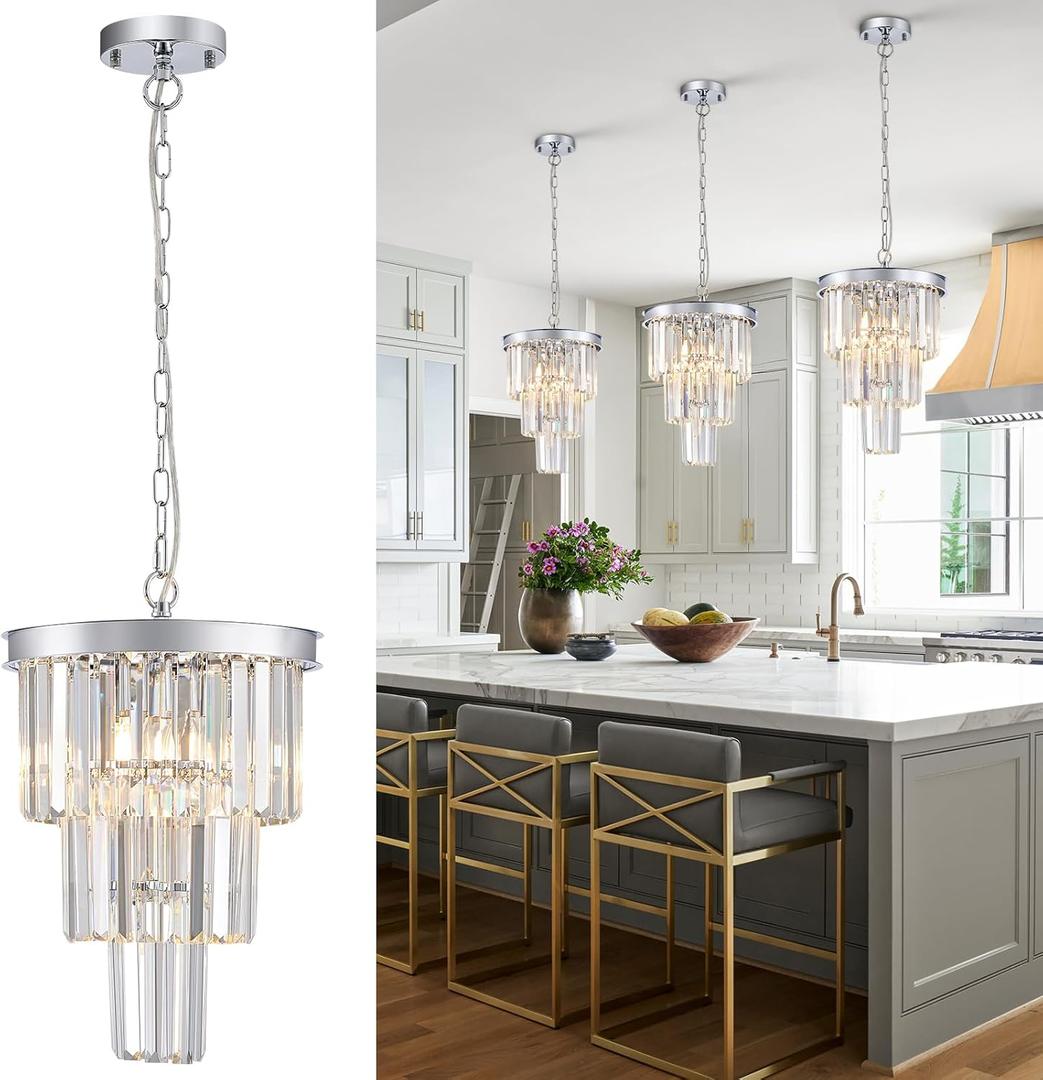 Modern Chrome Crystal Pendant Light, 3 Tiers K9 Crystal Chandelier Mini Ceiling Pendant Light Fixture for Kitchen Island Dining Room Hallway Bedroom Closet (Extra Small-12)