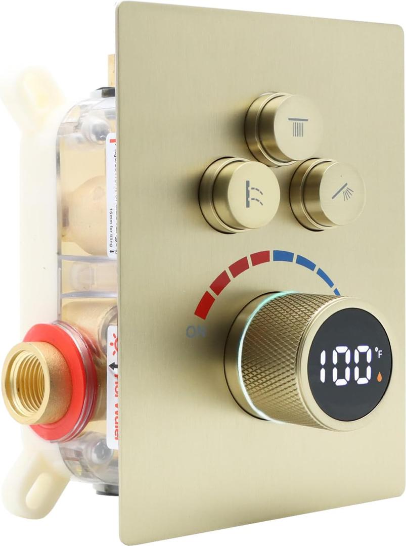Solid Brass Shower Mixer Valve, Concealed 3 Way Outlet LED Digital Display Diverter Valve, Can Use All Options at A Time Brushed Gold (Three Functions)