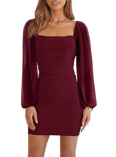 Ofenbuy Women's Mesh Long Sleeve Dress Square Neck Ruched Mini Bodycon Dress Stretch Party Cocktail Dresses Red Size M