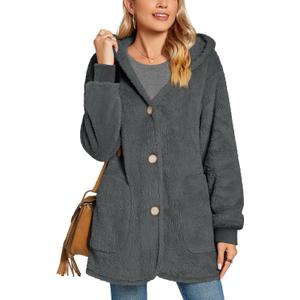 Bestbee Warm Fleece Jackets for Women, Fuzzy Hooded Casual Coats Lidies 2025 Cardigan Sweaters Outerwear with Pockets (X-Large, Medium Grey)