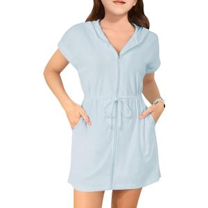 CharmWM Girls Swim Terry Cloth Cover Ups Kids Swimsuit Coverup Zip-Up Beach Bathing Suit Wraps with Pockets 7-8 Years (Blue)