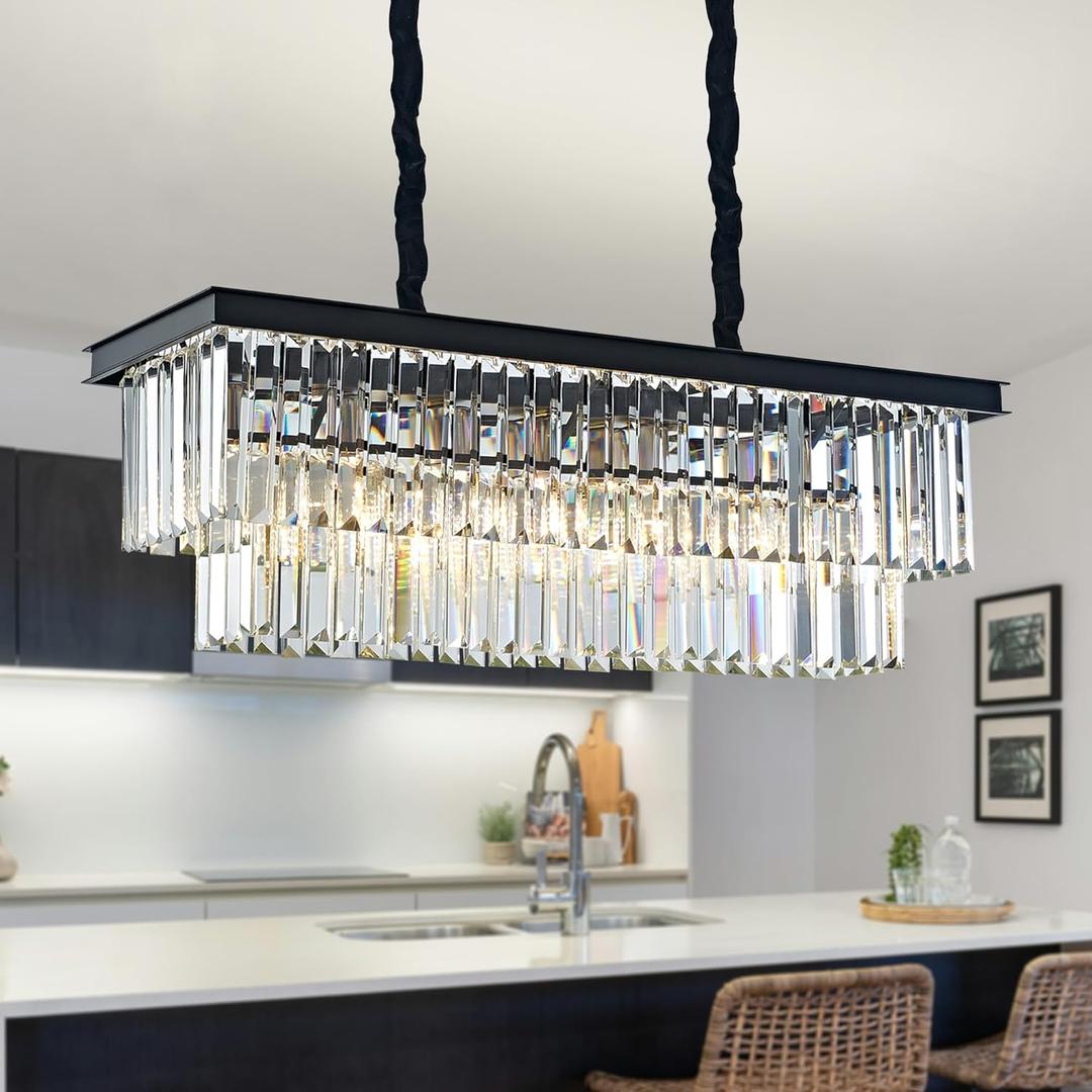 Crystal Chandelier for Dining Room 31'' Black Rectangular Pendant Fixture 6Light with K9 Crystals, Contemporary Chandeliers for Kitchen Island, Living Room