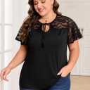 ZNU Women' s Plus Size Summer Tops Elegant Tie Front Bow Knot Round Neck Lace Ruffle Short Sleeves T-Shirts Tee Blouse (Black, XXL)