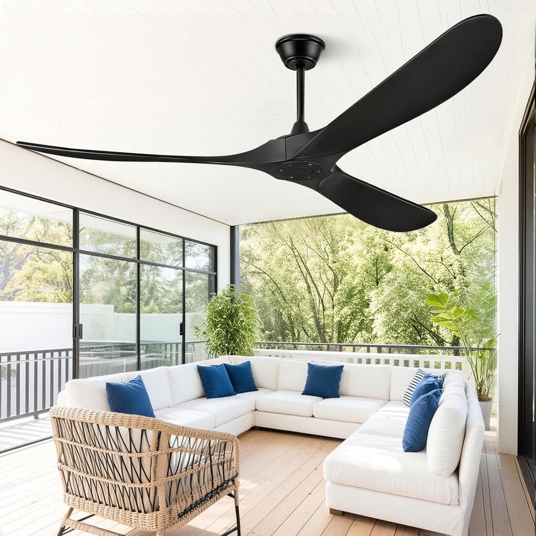 60" Ceiling Fans Without Light, Solid Wood Ceiling Fan with Remote Control and Quiet DC Motor, Ceiling Fan no Light 3 Blades, Outdoor Ceiling Fans for Patios without Lights (Matte Black)