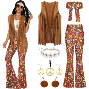 GERVAISE Womens 60s 70s Outfit Disco Hippie Costume Fringe Vest Boho Pants Accessories Set