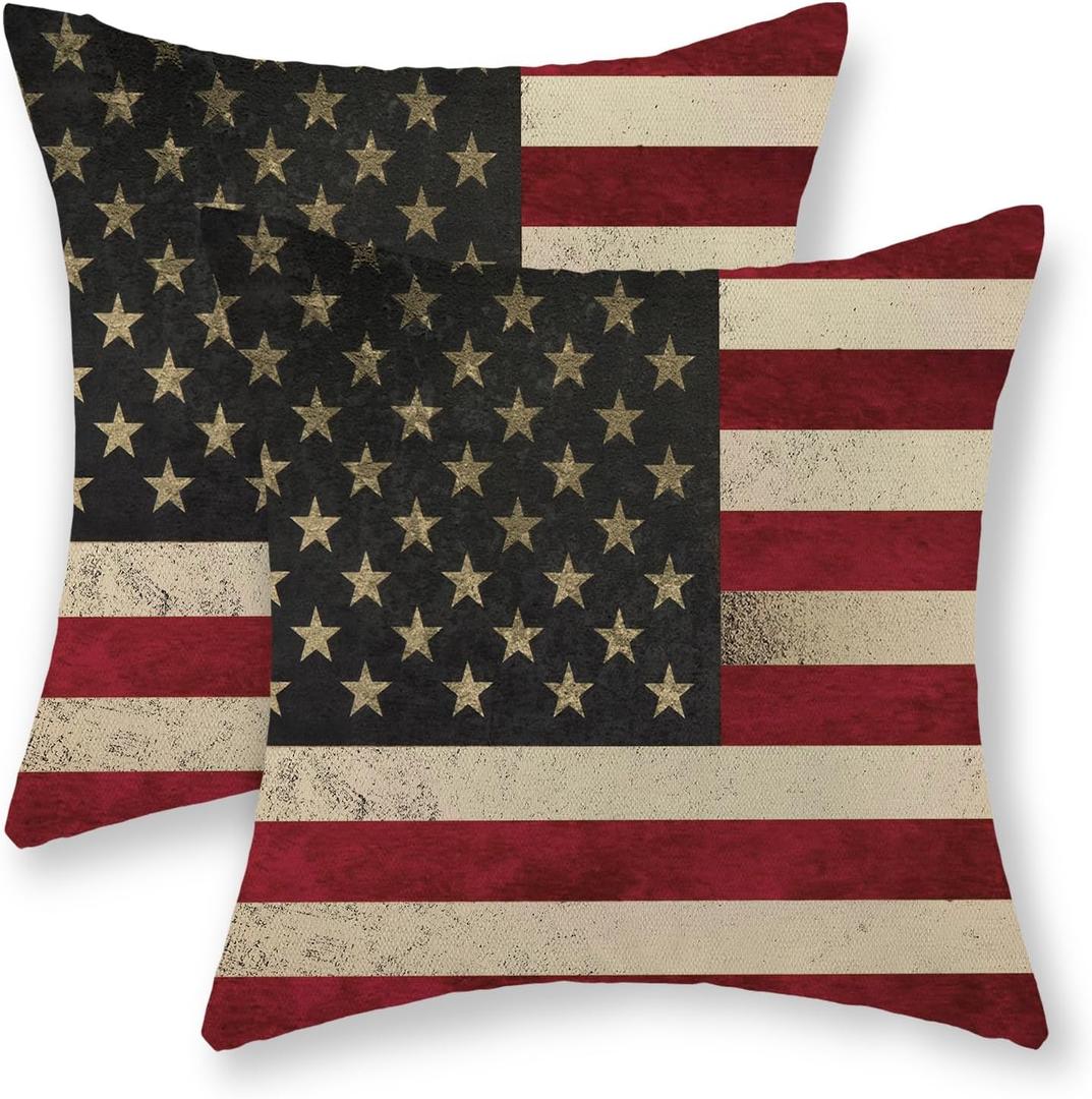 4th of July Pillow Covers 18x18 Inch Set of 2, Vintage American Flag Decor Patriotic Throw Pillows Memorial Independence Day Pillowcase Outdoor Decorations Linen Cushion Case for Couch Sofa