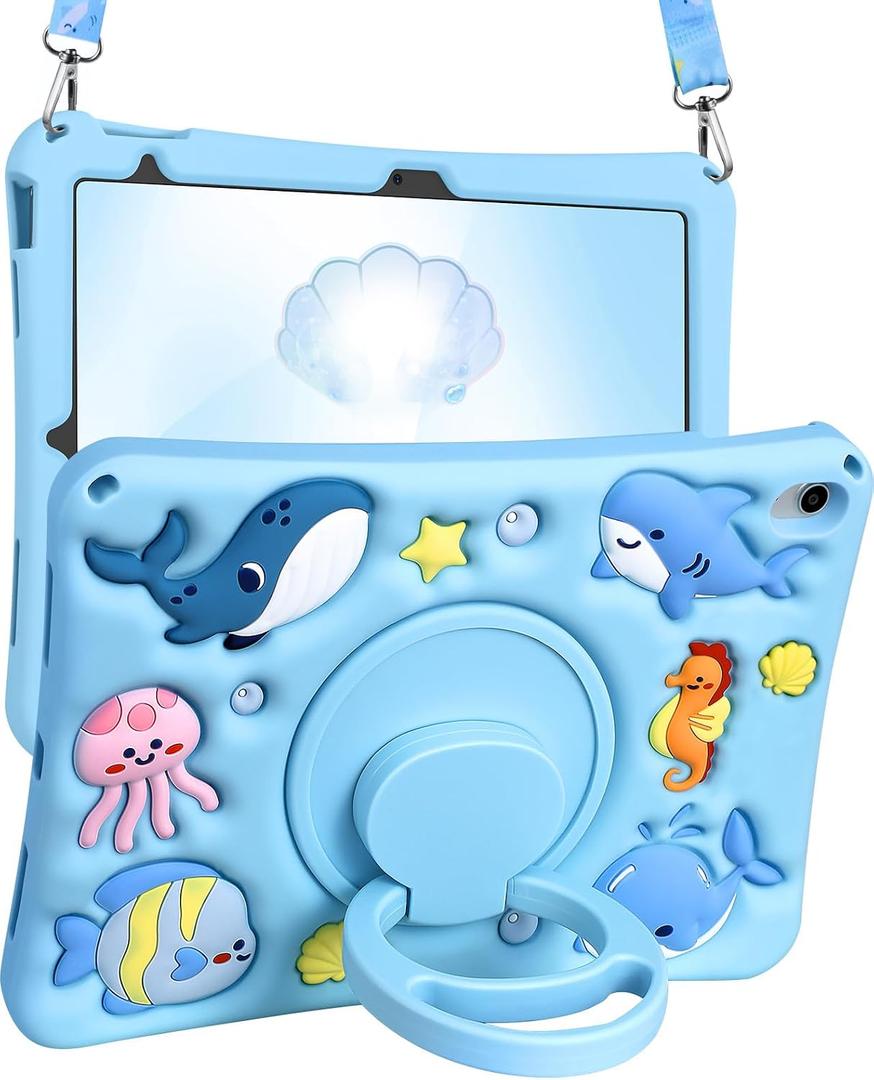 for iPad 10th Generation Case 10.9 Inch 2022, for iPad A16 Case 11th Generation - Girls Boys Cute Kawaii Girly Cover 3D Cartoon Ocean Design with Rotating Stand & Strap Silicone Blue Cases
