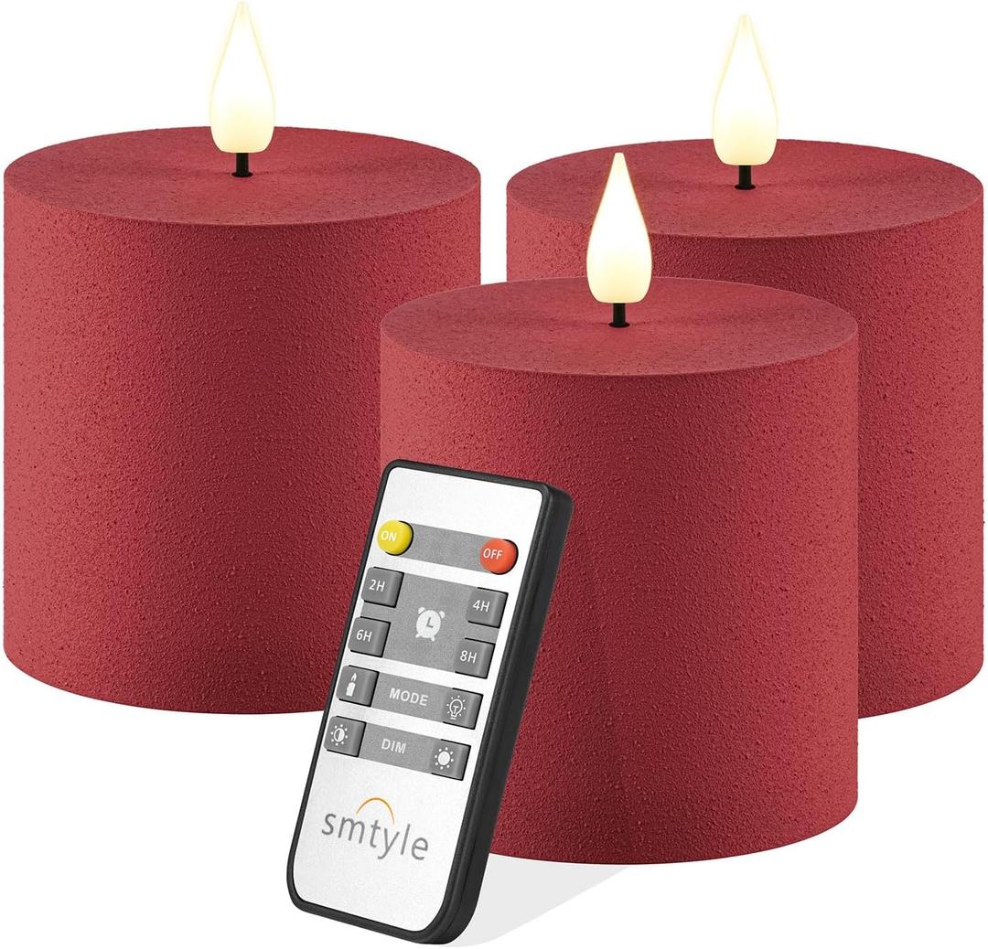 smtyle Christmas Red Flameless Pillar Candles 3x3 Vintage Color with Battery Operated Fake Flickering Candles Smart Remote - Perfect for Rustic Farmhouse Table Decorations & Indoor Room