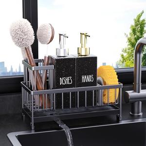 Cisily Kitchen Soap Dispenser Set with Sink Caddy, 12 Oz Glass Bottle, Hand and Dish Soap Dispenser Set with Sponge Holder, Black Stainless Steel Kitchen Countertop Sink Organizer Accessories