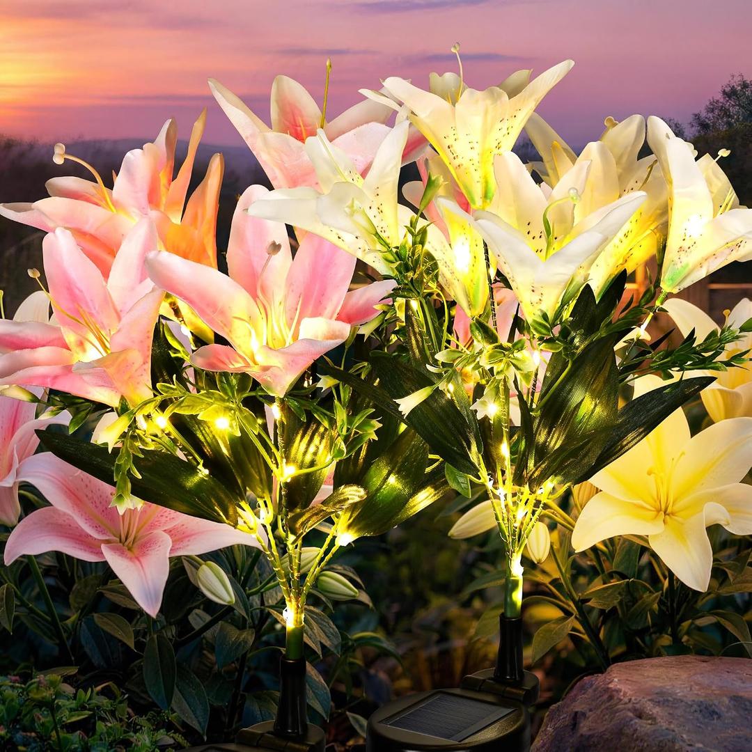 GIGALUMI Solar Garden Lights, 2 Pack LED Lily Garden Decor Carefree Solar Flowers Outdoor Waterproof, Yard Decorations Outdoor, Allergy-Free Light up Flowers for Yard Patio (1White,1Pink)