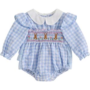 Adobabirl Infant Baby Girl Outfit Newborn Bow Bubble Romper Long Sleeve Embroidery Jumpsuit Cute Smocked Clothes (Blue)