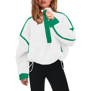 Panadila Womens Half Zip Sherpa Fleece Pullover Soft Oversized Sweatshirt with Pockets Warm Fuzzy Sweater (X-Small, White Green Combo)