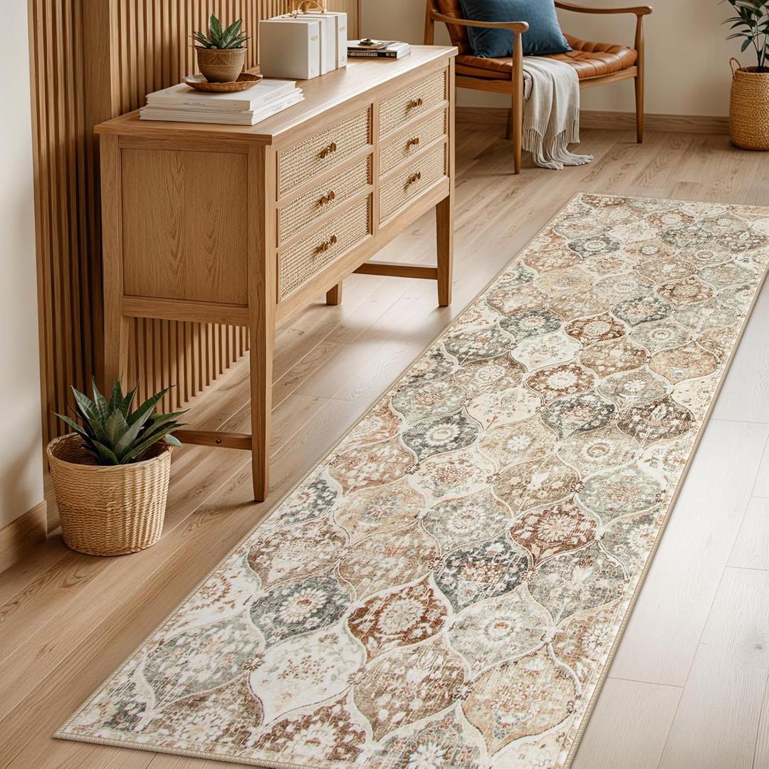 Lahome Moroccan Hallway Rug, 2'5''x8' Kitchen Runner Rugs Non Skid Washable Runners for Hallways, Ultra-Thin Oriental Carpet for Entryway Laundry Room Bedroom Bathroom Elise, Khaki