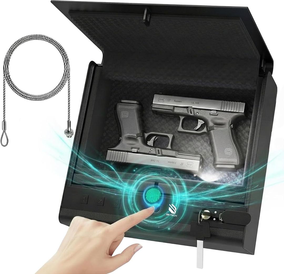 BE-TECH Biometric Gun Safe for Handgun, 3-Way Quick Access Fingerprint Pistol Safe Gun Lock Box, High Tensile Alloy Steel Hand Gun Safes with Cable Sponge for Home, Bedside Nightstand Drawer Car