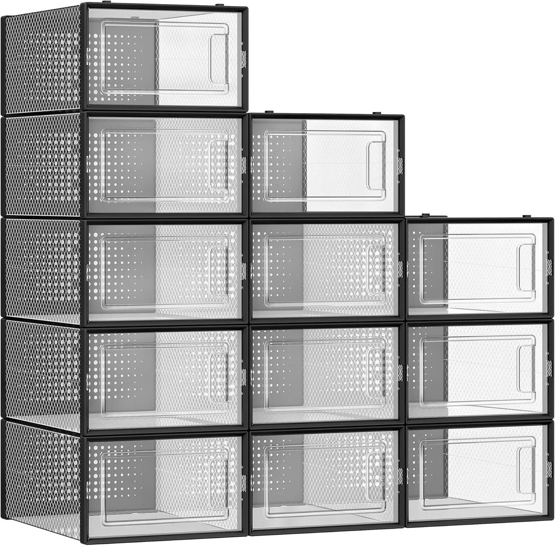 SONGMICS Shoe Boxes, Pack of 12 Shoe Storage Organizers, Stackable Clear Plastic Boxes for Closet, Sneakers, 13.1 x 9.1 x 5.6 Inches, Transparent and Black ULSP006B12