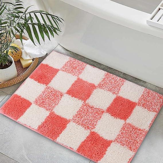Lokiiy Small Cute Checkered Bath Mat, Pink Bathroom Rugs, Aesthetic Bathroom Rug, 16" x 24"