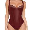 Popilush Leather Corset Tops for Women Tummy Control Shapewear Lace Tank Tops Faux Leather Thong Body Shaper, Medium