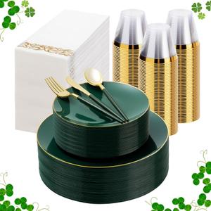 350 Pieces Green Gold Plastic Dinnerware Set, Gold Disposable Plates for Party, Include 100 Green Plates with 150 Plastic Cutlery, 50 Napkins and 50 Cups