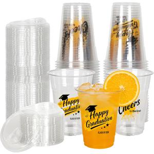50 Pack Happy Graduation Cups with Lids - Class of 2026, 16oz Clear Disposable Plastic Cups for Graduation Party Supplies, Congrats Grad Party Cups Drinking Decorations Photo Props
