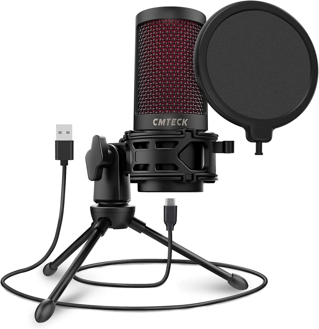 CMTECK USB Microphone, Microphone for PC with Pop Filter & Mute Button, Plug &Play Desktop Podcast Microphone with LED Indicator, Compatible with Windows/Mac, Ideal for YouTube, Skype, Recording