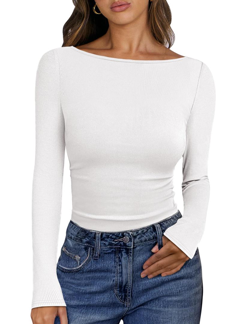 ANRABESS Women's Boat Neck Long Sleeve Shirts Rib Knit Slim Fitting Tops Basic Tees 2026 Casual Comfy Fall Outfits Clothes White X-Large