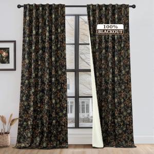 StangH 100% Blackout Floral Curtains for Living Room, Super Soft Rose Patterned Black Velvet Drapes Energy Efficient Back Tab Luxury Panels for Home Office Nursery, W52 x L90, 2 Panels