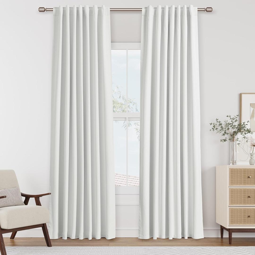 Guken White 100% Blackout Linen Curtains 84 Inch Length 2 Panels Set for Living Room Bedroom Back Tab Thermal Insulated 100% Black Out Drapes Room Darkening Farmhouse Style for Bedroom Curtains 52x84