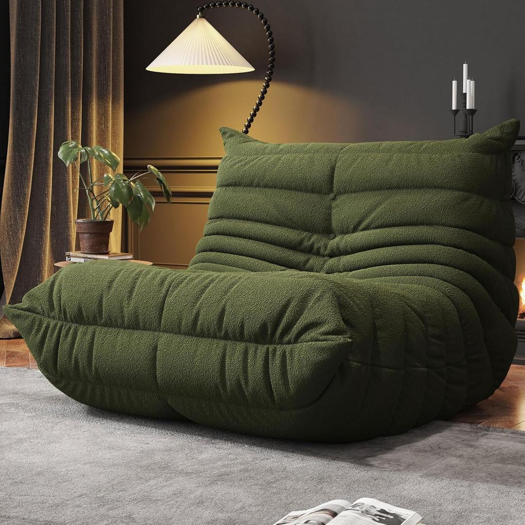 Memory Foam Bean Bag Chair for Adults, Teddy Material Beanbag Sofa with Filler, Cozy Floor Lounge Seat for Living Room, Bedroom, Dorm, Office (Green)