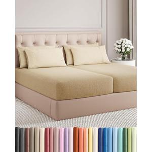 Split King Sheets Set 7 Piece - Includes 4 Pillowcases - Bed Sheets Split King - Soft Hotel Luxury Bedding - Cooling and Breathable - 1 Flat & 2 Fitted & 4 Pillowcases w/ Deep Pockets - Heathered Tan