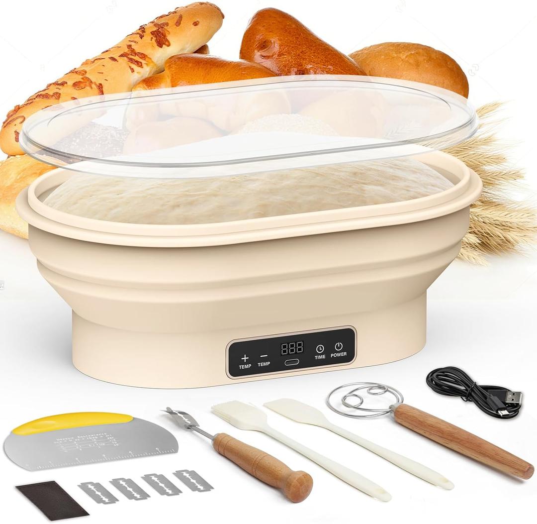 2L Heating Banneton Bread Proofing Basket, Upgrade Timer & 6 Temp Settings, Silicone Sourdough Bread Proofing Basket Set, Electric Thermostatic Banneton Basket with Display (Oval-A)