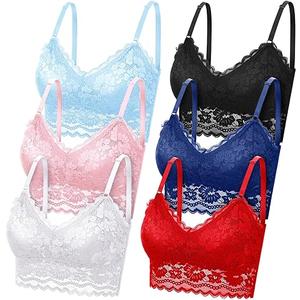 Geyoga 6 Pack Women's Lace Cami Top, Wireless Bralette Floral Non Padded Bandeau Bras with Straps (Large, Black, Navy Blue, Wine Red, Light Blue, Pink, White)
