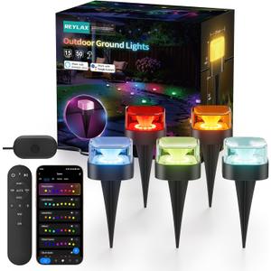 REYLAX 50FT Outdoor Ground Lights 15 Pack, RGB Garden Lights with Warm White and Cool White, IP67 Waterproof Pathway Light, Music Sync Timing, App & Remote Control, Works with Alexa Google Assistant