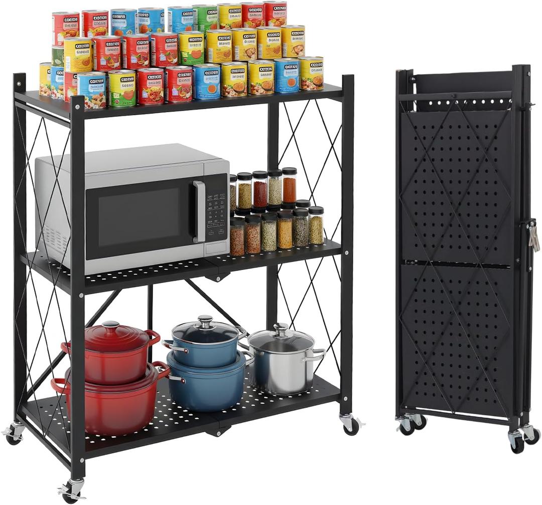 3 Tier Foldable Storage Shelves with Wheels, Metal Collapsible Organization Storage Rack, No Assembly Folding Bookshelf, Rolling Storage Rack for Kitchen, Bedroom, Pantry, Garage, Display, Black