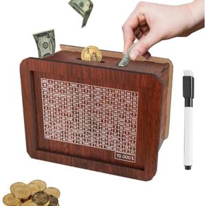 10000 Savings Challenge Box,Cash Vault Wooden Savings Box,kakeibo Money Box,Wooden Piggy Bank Coin Bank with Counting Target,The Best Gift for Boys, Girls, and Friends (Brown)