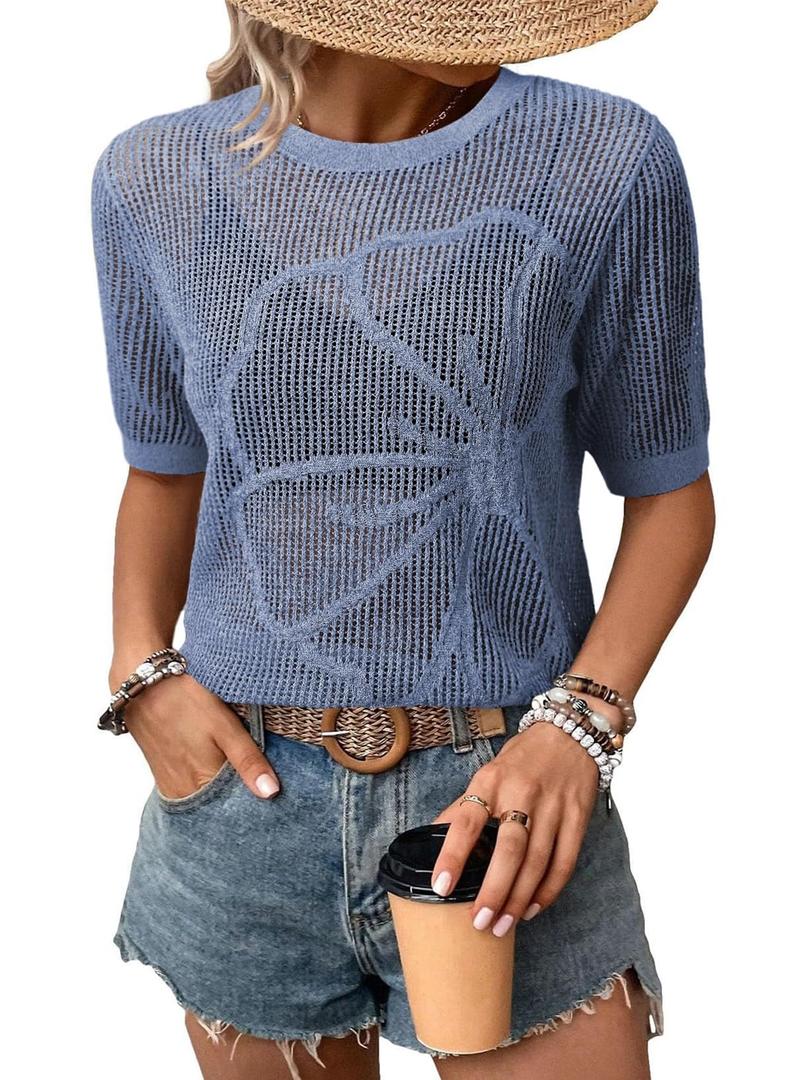 Dokotoo Cruise Outfits for Women 2026 Summer Women's Short Sleeve Pullover Sweater Cute Trendy Fashion Clothing Solid Crochet Boho Tops Beach Vacation Clothes Casual Knit Top Blue, L