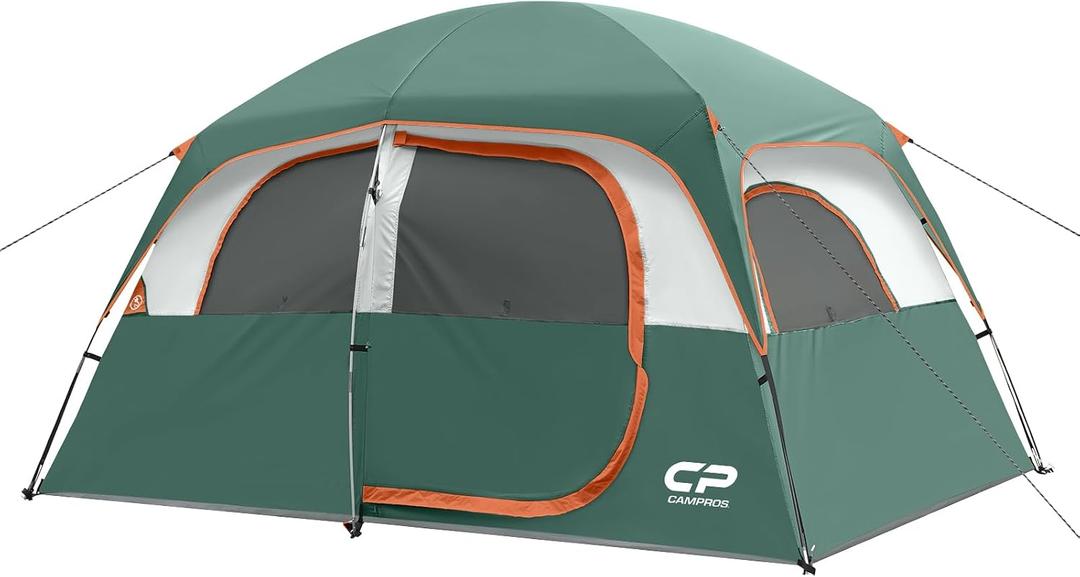 CAMPROS CP Tent-6-Person-Camping-Tents, Waterproof Windproof Family Tent with Top Rainfly, 4 Large Mesh Windows, Double Layer, Easy Set Up, Portable with Carry Bag (6 Person, Dark Green-6)
