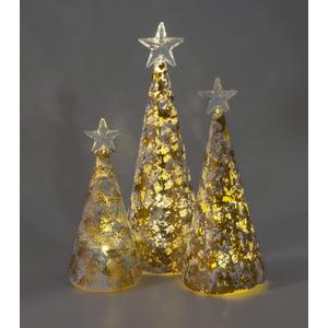 Red Co. 9.5", 8", and 6.5" Glass Christmas Tree Figurine Ornaments in Gold and Silver Finish, Light-Up Holiday Season Decor, Set of 3 Sizes