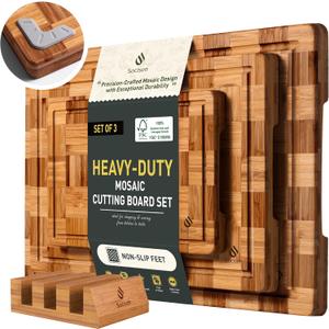 3 Pack Heavy Duty Bamboo Cutting Board Set Non Slip Over Sink Nice Solid End Grain Thick Wood Juice Groove Chopping Board Extra Large Big Small Best Kitchen Essential House Warming Hostess Host Gift