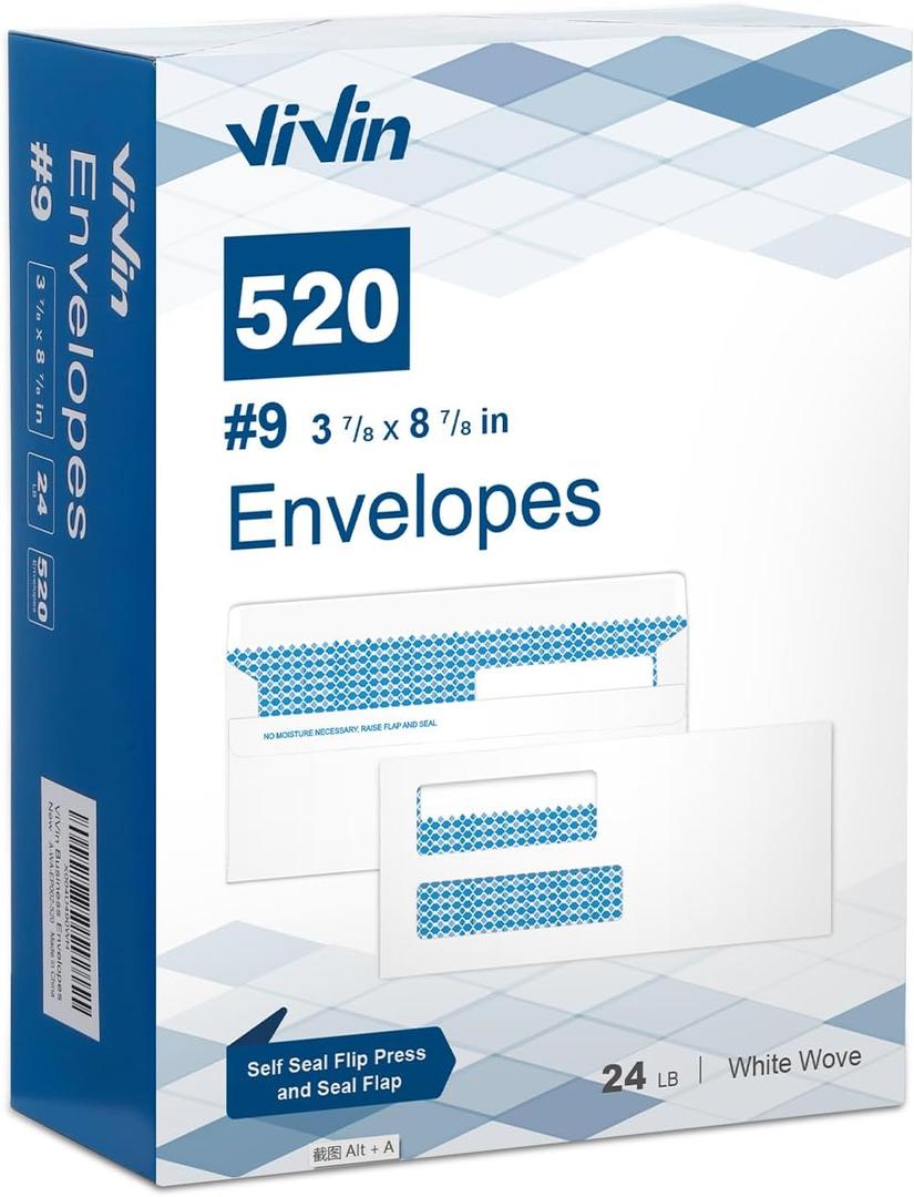 Vivin 520 No.9 Flip and Seal Security-Tinted Business Envelopes for Quickbooks Invoices and Business Statements, Home & Office, 3-7/8 x 8-7/8 Inches, Double Window, 24 LB, White