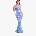 Romagic One Shoulder Formal Sequin Dresses Holographic Evening Maxi Gown Blue, Large