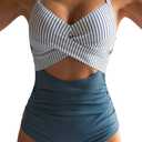 Eomenie Women's One Piece Swimsuits Tummy Control Cutout High Waisted Bathing Suit Wrap Tie Back 1 Piece Swimsuit Blue Striped, S